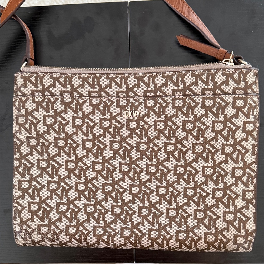 DKNY Tan and Brown Monogram Shoulder/Crossbody Bag